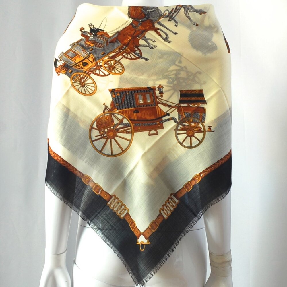 Jean Parel Wool & Silk Challis Scarf With Horse & Buggy Design - Italy